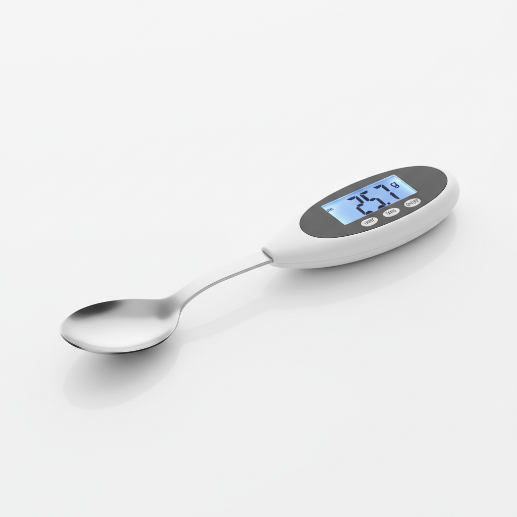 Digital spoon scale with LCD display on white background